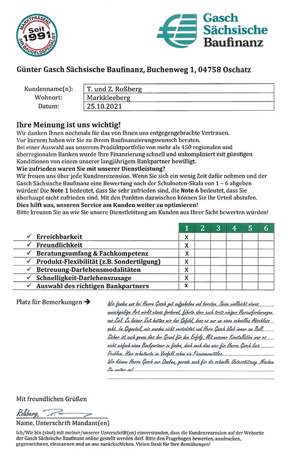 Zufriedenheits-Zertifikat von T. und Z. Roßberg