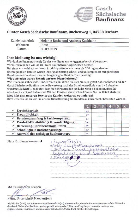 Zufriedenheits-Zertifikat von Melanie Rothe und Andreas Kuckhahn