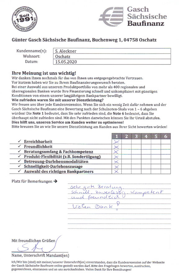 Zufriedenheits-Zertifikat von S. Aleckner