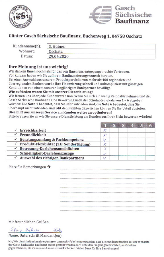 Zufriedenheits-Zertifikat von S. Hübner