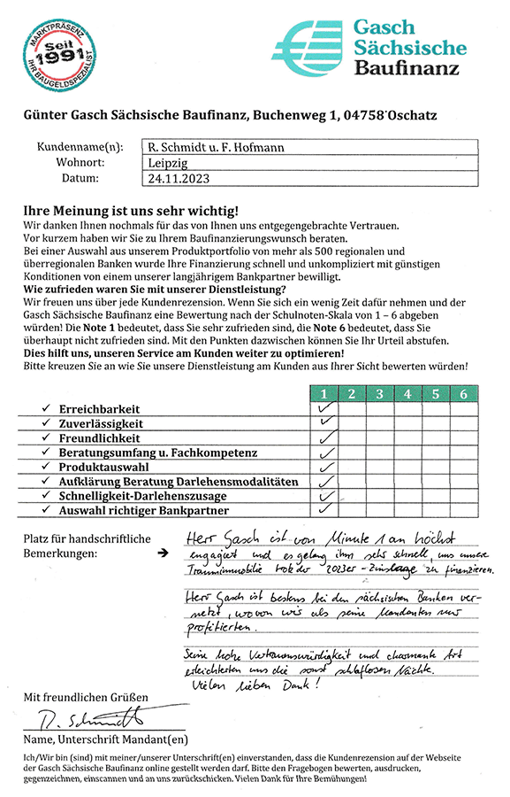 Zufriedenheits-Zertifikat von R. Schmidt u. F. Hofmann