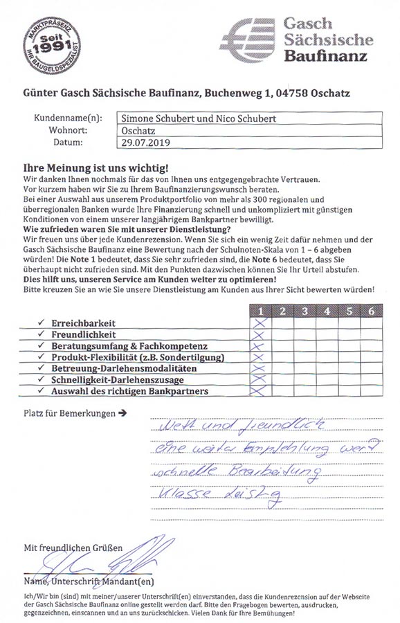 Zufriedenheits-Zertifikat von Simone und Nico Schubert