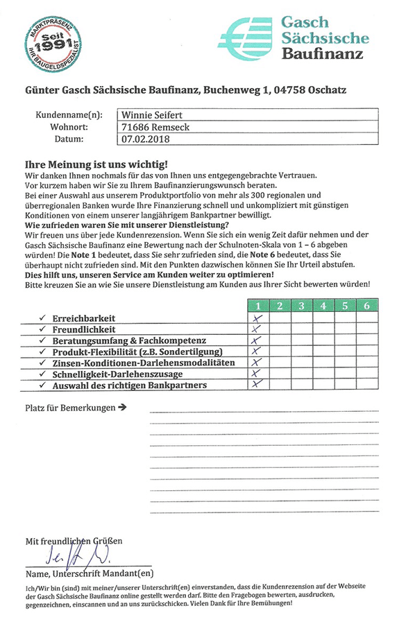 Zufriedenheits-Zertifikat von Winnie Seifert