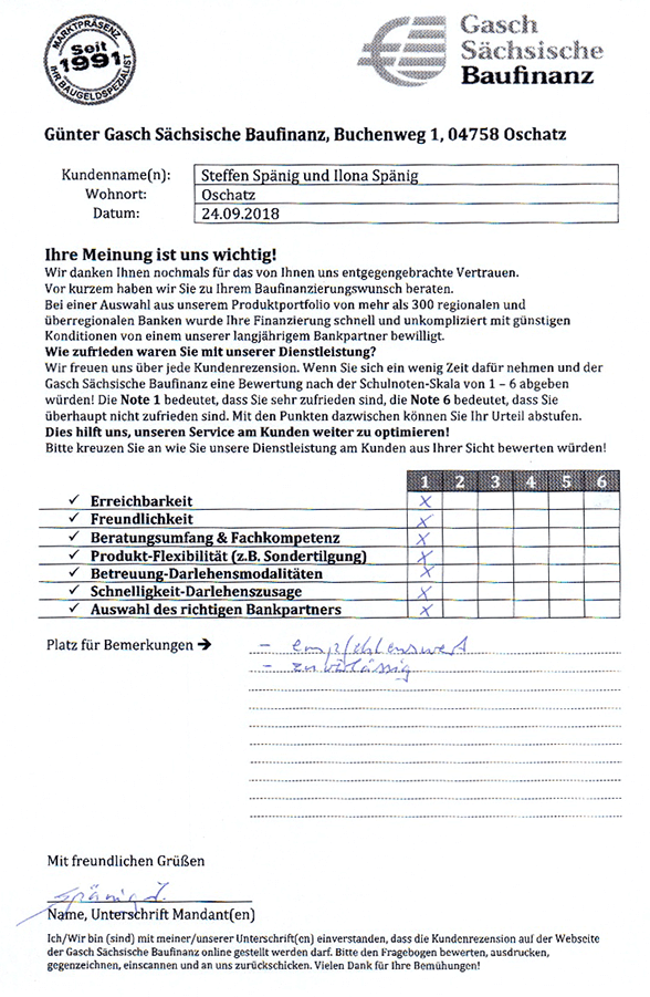 Zufriedenheits-Zertifikat von Steffen und Ilona Spänig