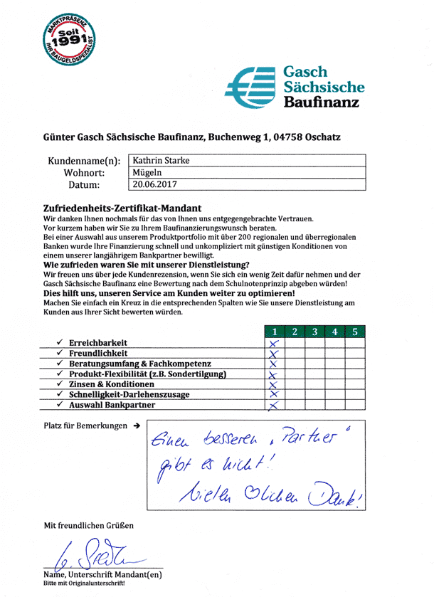 Zufriedenheits-Zertifikat von Kathrin Starke
