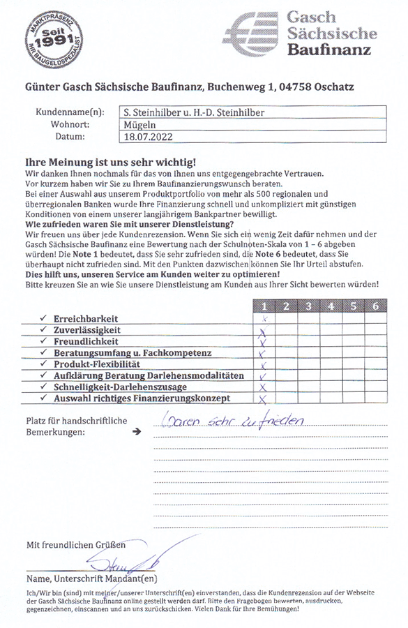 Zufriedenheits-Zertifikat von S. Steinhilber u. H.-D. Steinhilber