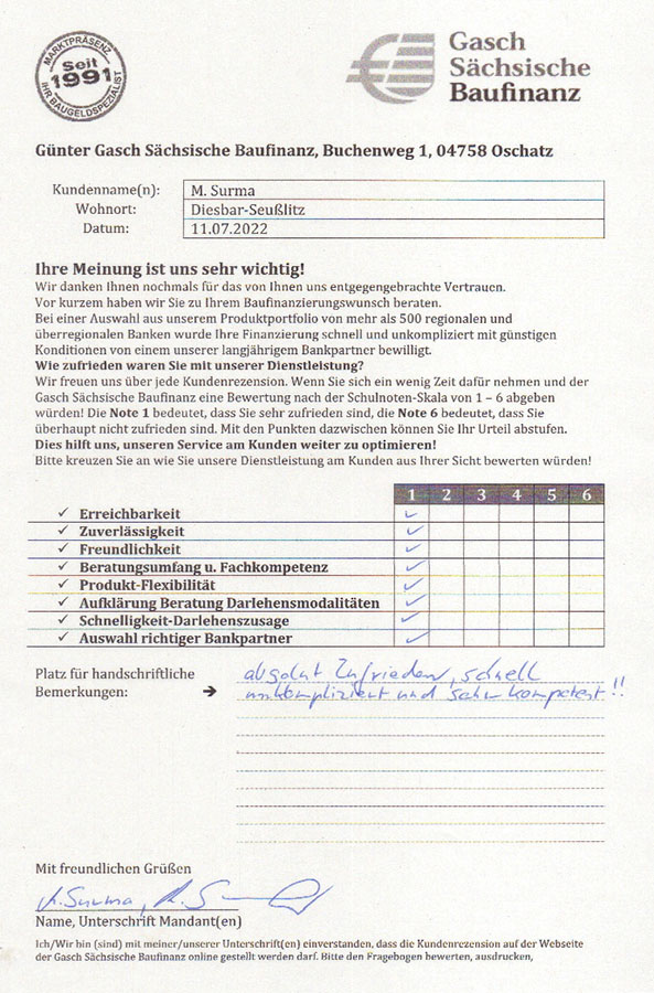 Zufriedenheits-Zertifikat von M. Surma