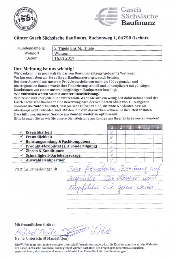 Zufriedenheits-Zertifikat von S. und M. Thiele