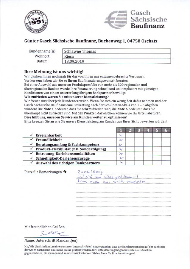 Zufriedenheits-Zertifikat von Thomas Schlawne