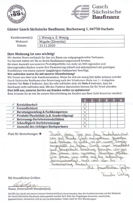 Zufriedenheits-Zertifikat von Familie Wetzig