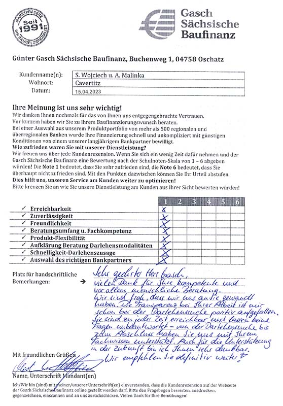 Zufriedenheits-Zertifikat von S. Wojciech u. A. Malinka