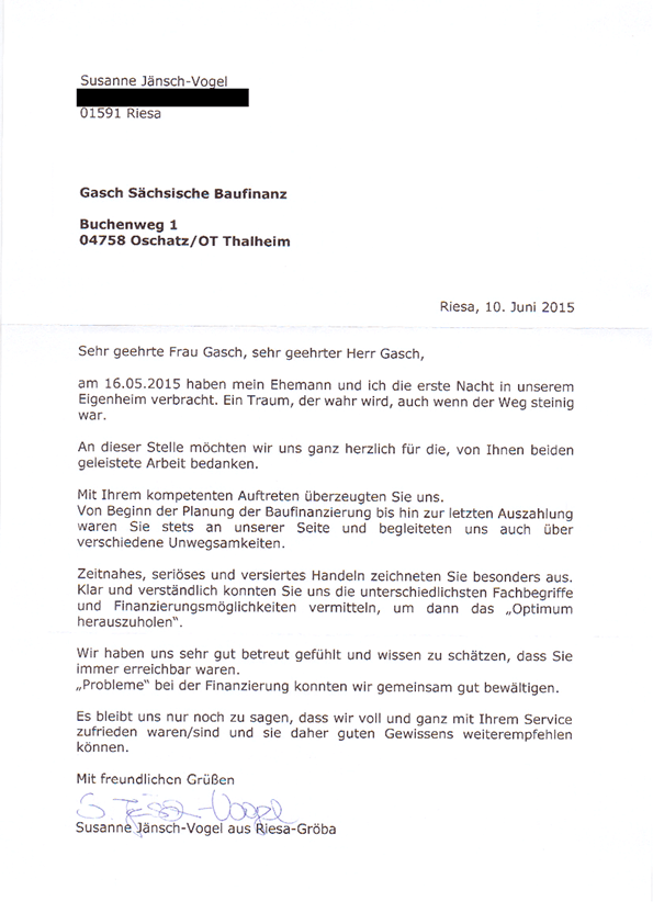 Schreiben von Susanne Jänsch-Vogel