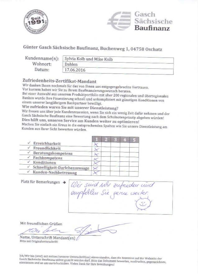 Zufriedenheits-Zertifikat der Familie Kolb