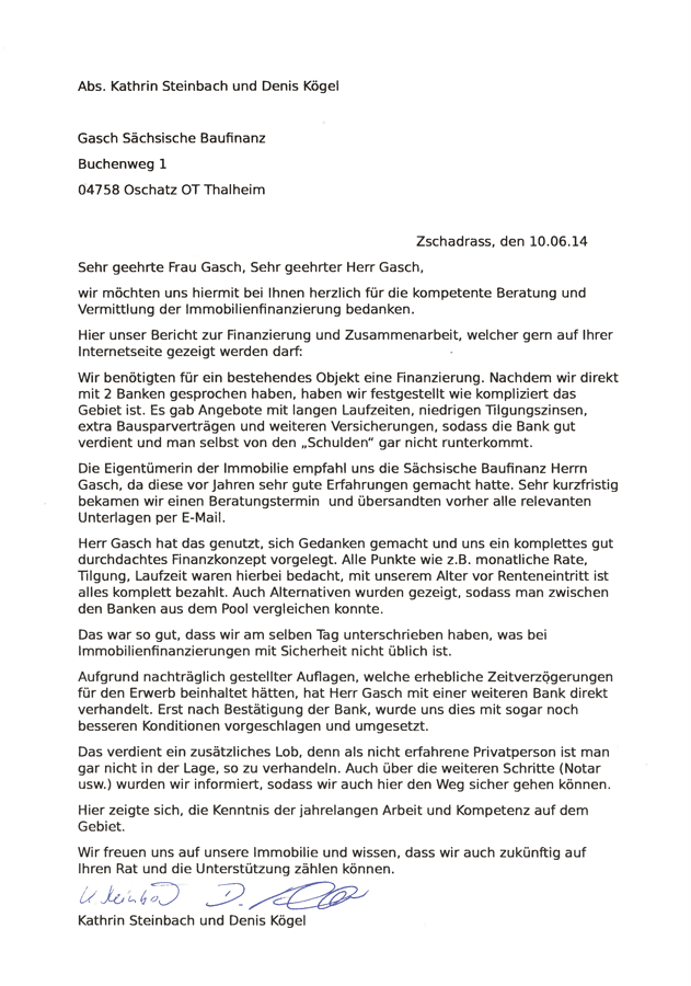 Schreiben Kathrin Steinbach und Denis Kögel