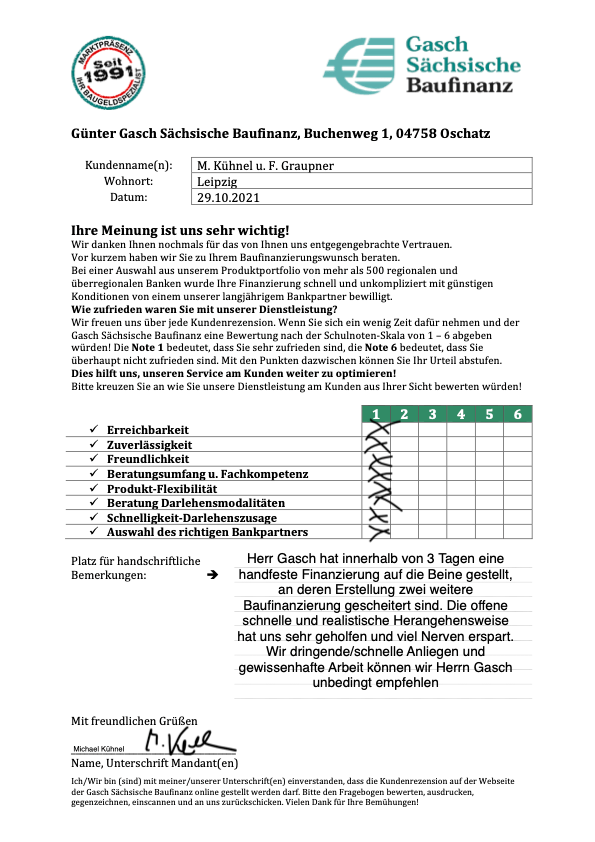 Zufriedenheits-Zertifikat von M. Kühnel und F. Graupner